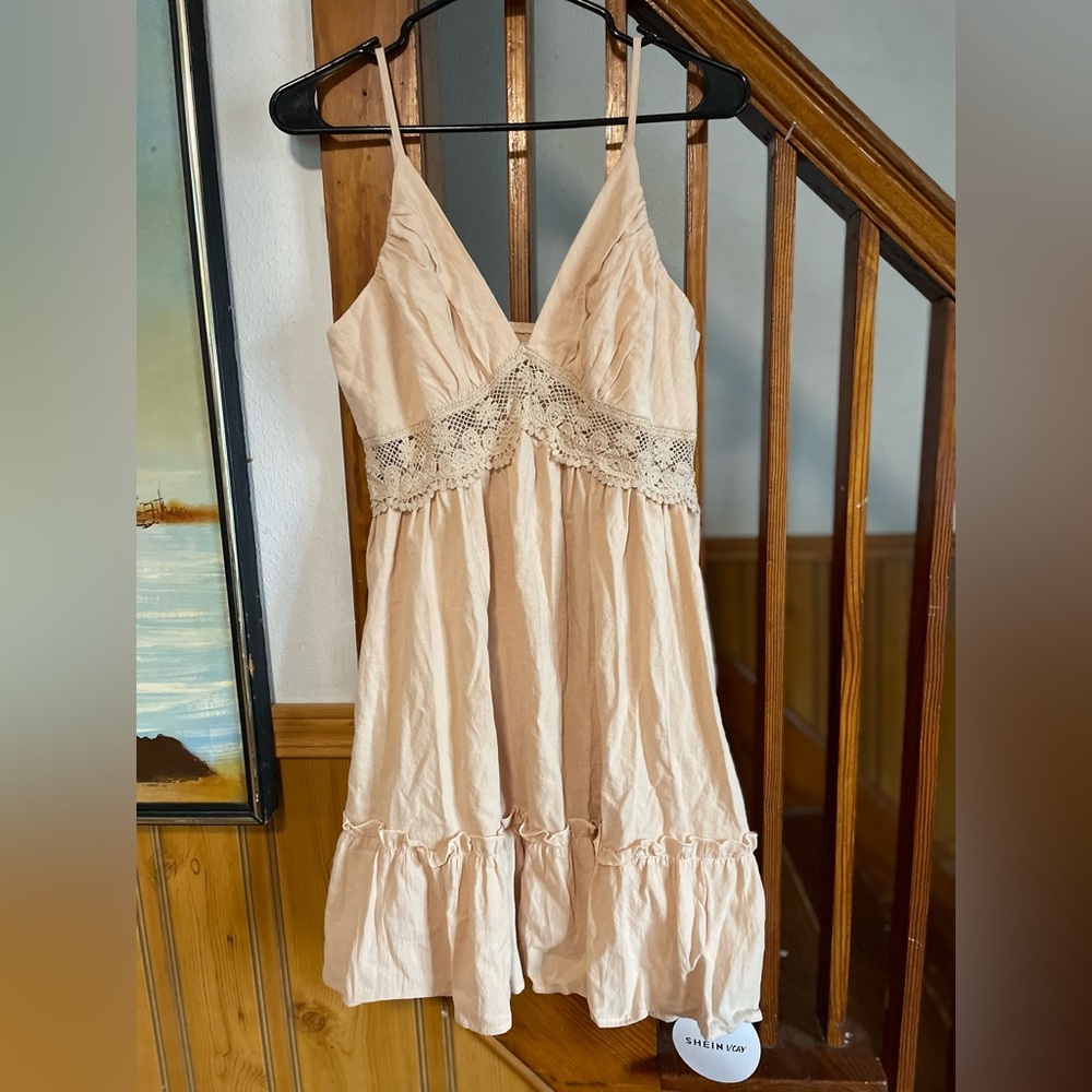 Shein Vcay Elegant creamy peach lace ruffle boho cotton dress, Women’s L NWT